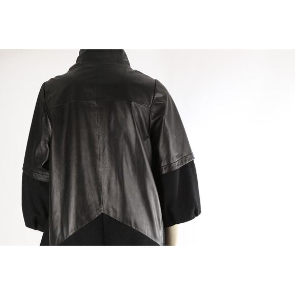 Black Leather Wool Contrasted Button Down Puff Midi Coat Size M - Picture 6 of 7